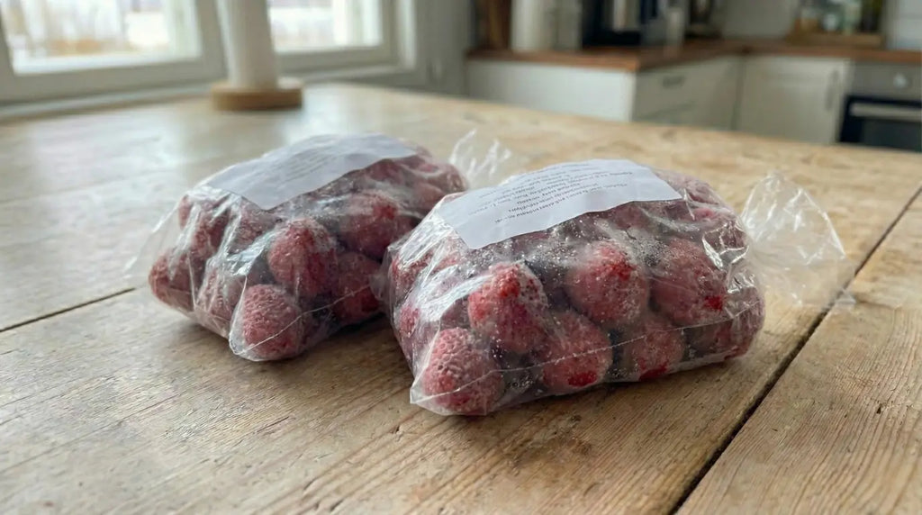 Pakastemansikoita pöydällä pussitettuna