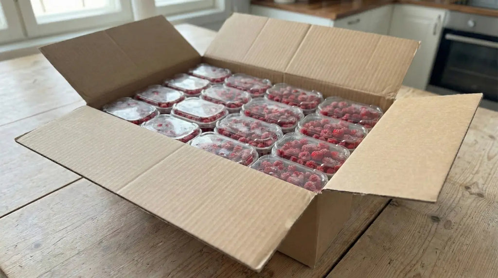 Tukkulaatikko yrjölän marjatilan vadelmia pöydällä