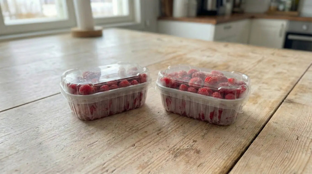 Yrjölän marjatilan tuplasetti vadelmia pöydällä.